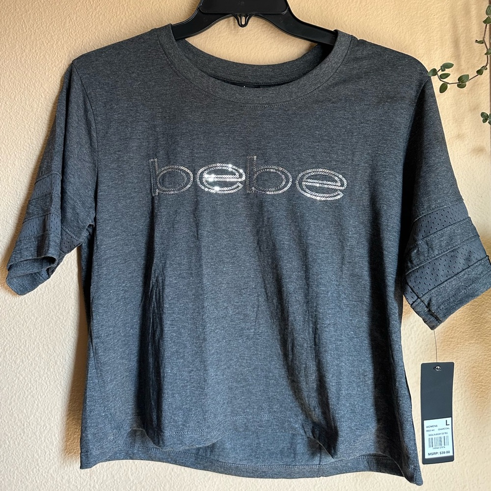 Charcoal grey Bebe cropped boxy short sleeve top with sequence bling lettering